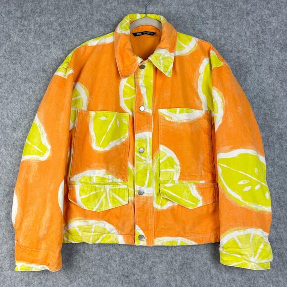 Zara Other - Zara Denim Jacket Mens Large Orange Lemon Print Vibrant Festival Grunge Artsy